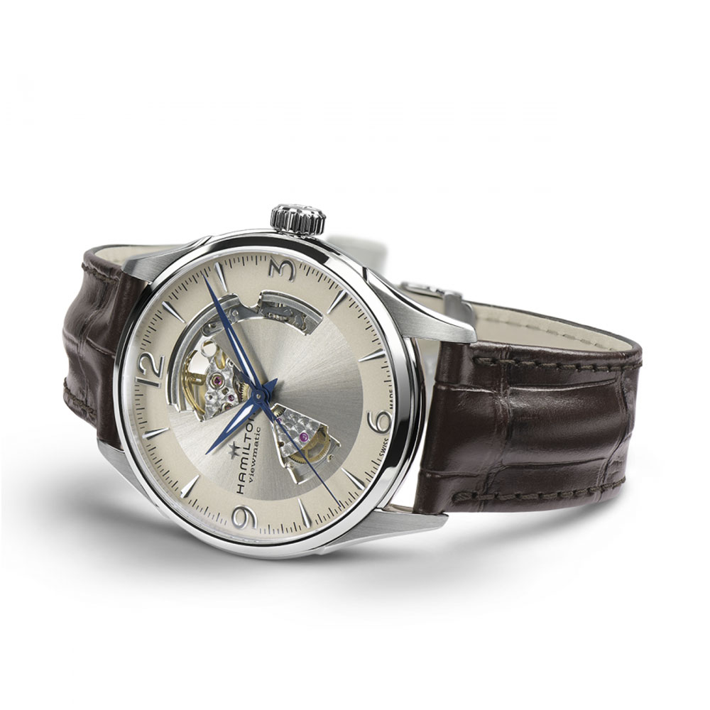 Hamilton Men's Jazzmaster Open Heart Steel Watch MM. 42 with Silver Dial and Brown Leather Strap