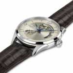 Hamilton Herren Jazzmaster Open Heart Stahluhr MM. 42 mit silbernem Zifferblatt und braunem Lederarmband