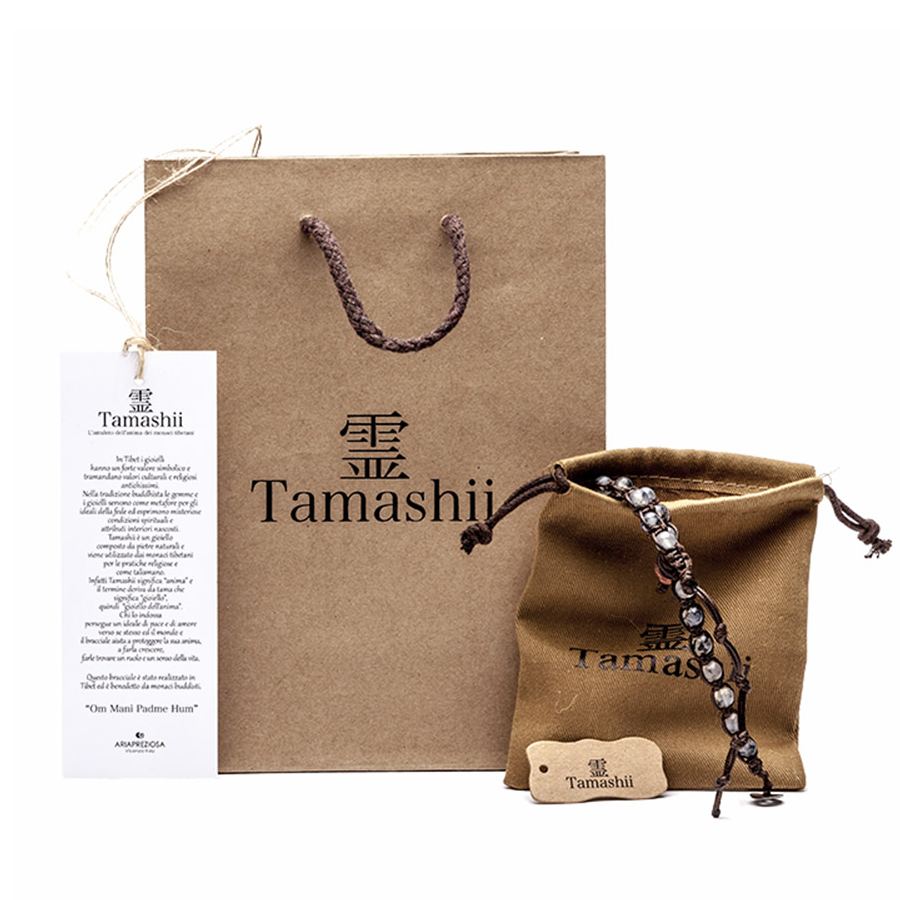 Tamashii Bracciale Originale Tibetano Diamond Cut In Cristallo Di Rocca 8mm E Cordoncino Marrone - Unisex, Regolabile